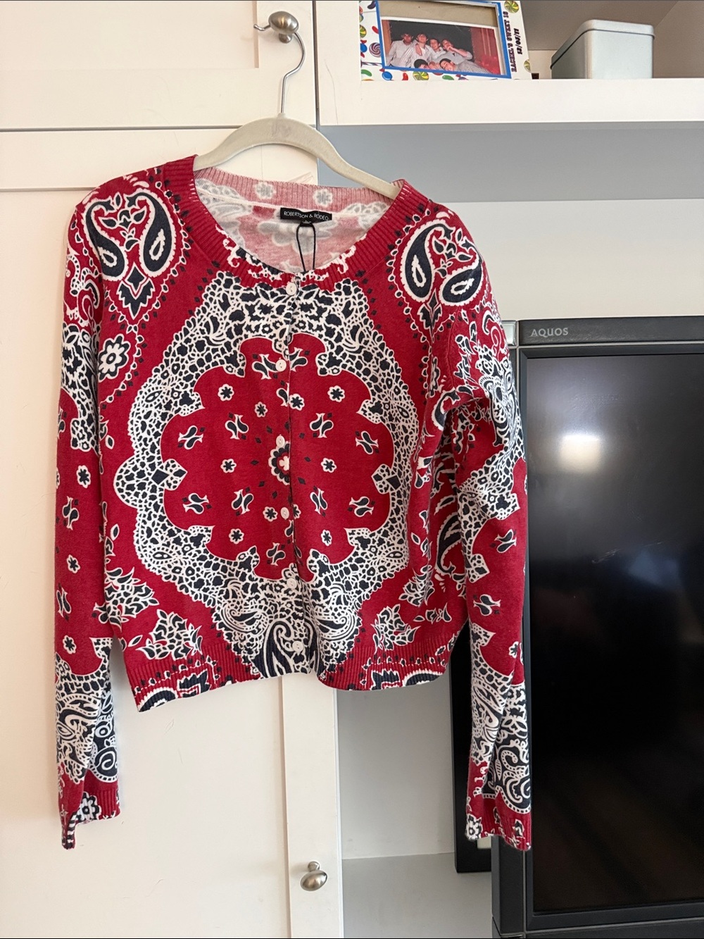Red Paisley Knit Cardigan with White & Black Accents
